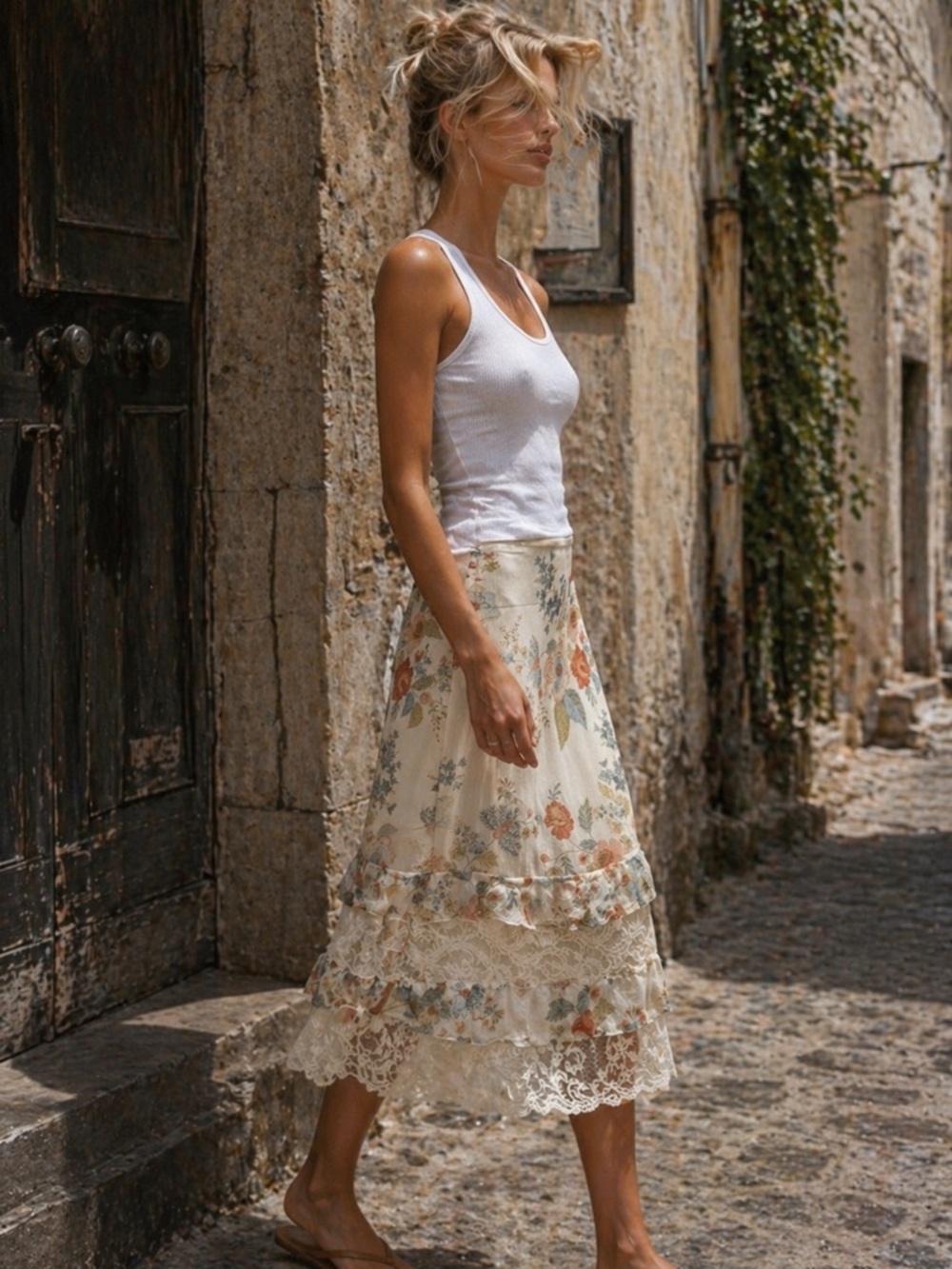 Max Mara Silk Floral Lace Trim Midi Skirt - Cream with Pastel Florals - Picture 2 of 10
